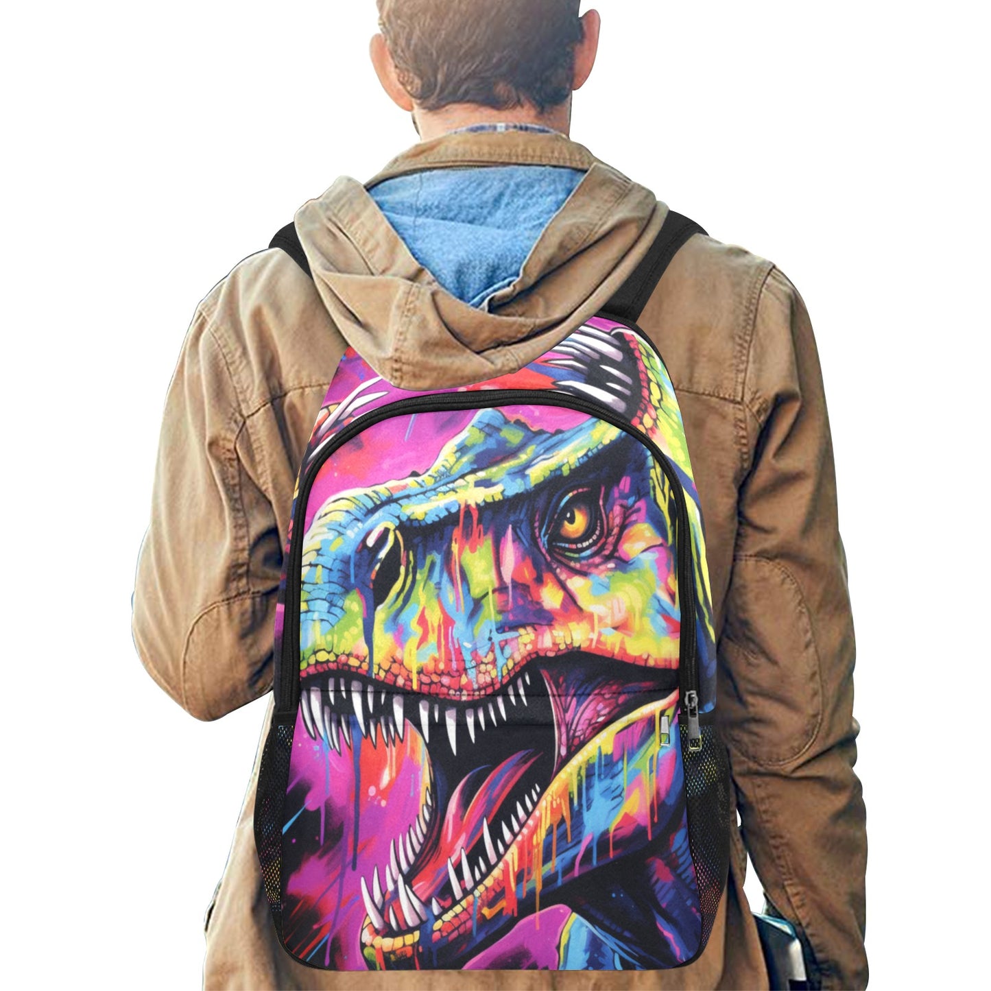 Punk Rock T-Rex Fabric Backpack with Side Mesh Pockets